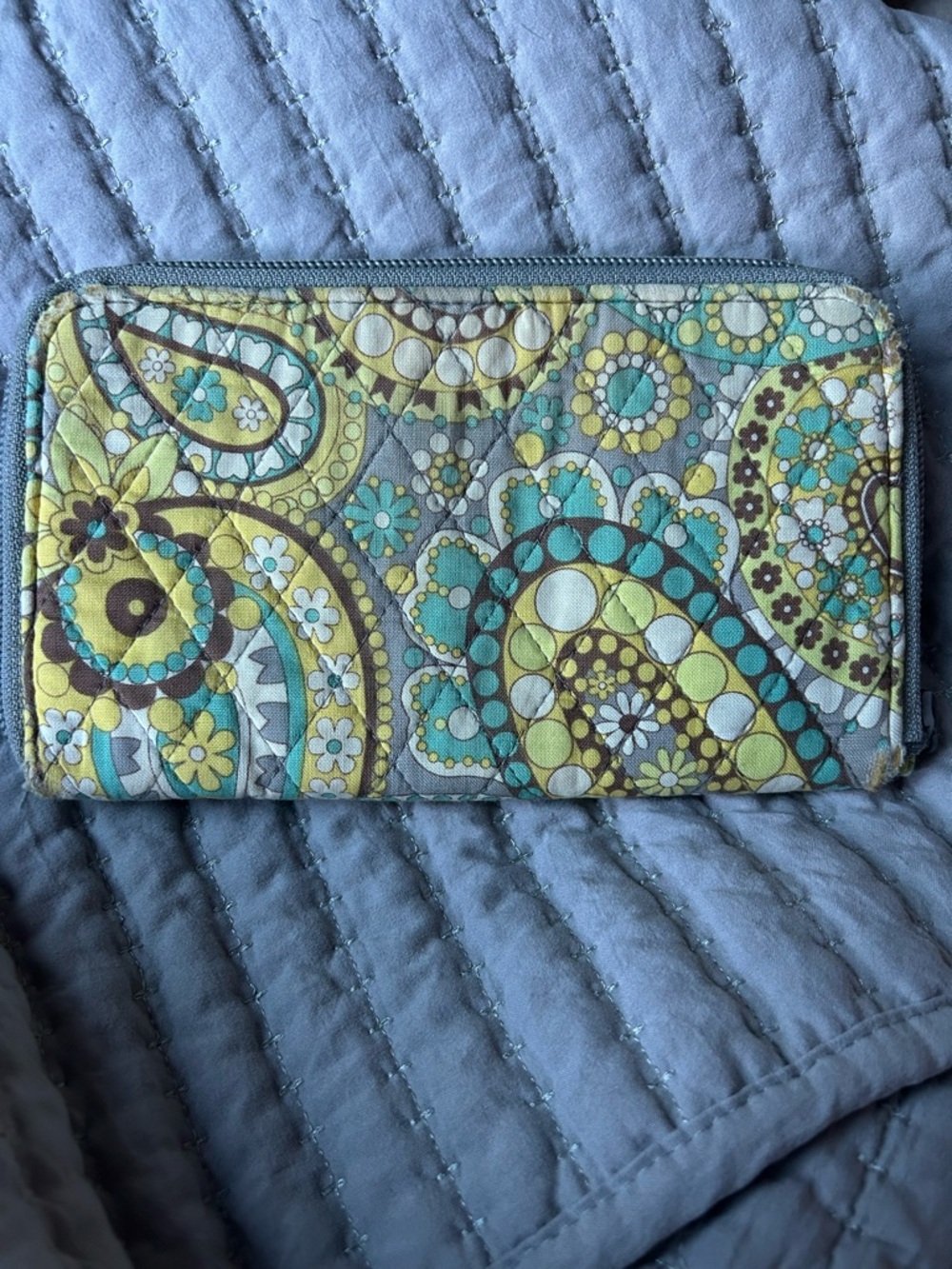 Vera Bradley Yellow Turquoise Brown and Grey Quilted Zip Wallet
